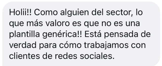 Mensaje: no es una plantilla genérica, está pensada para cómo trabajamos con clientes de redes