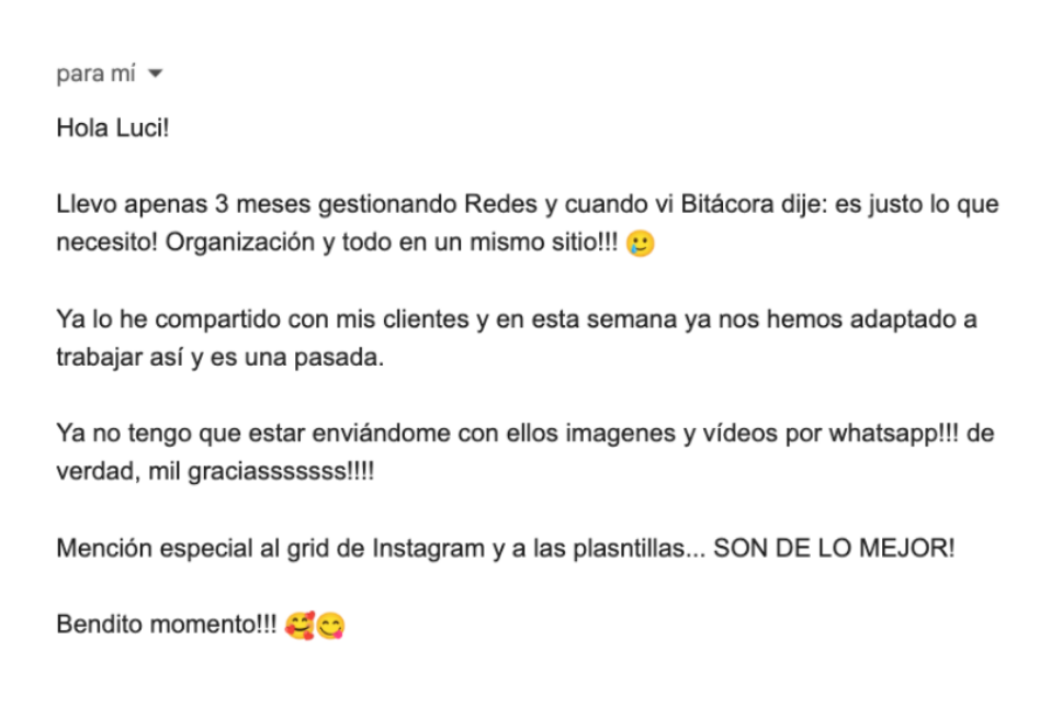 Email de una Community Manager: lleva 3 meses gestionando redes y Bitácora es justo lo que necesitaba