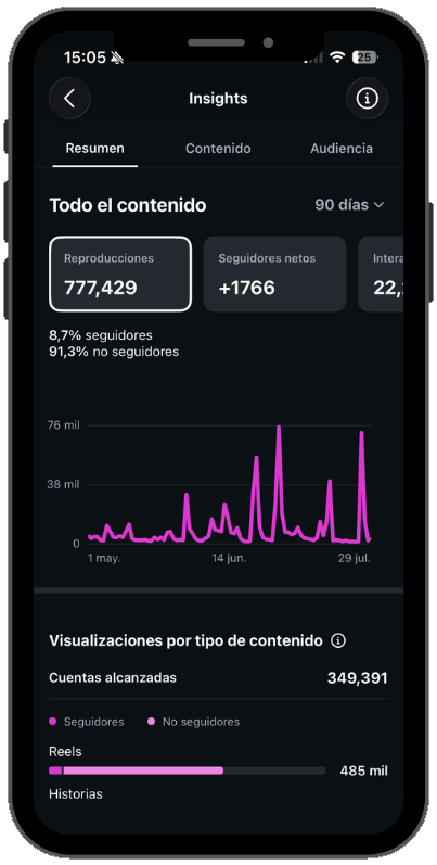 Estadísticas de Instagram de una cuenta gestionada por Lucía (90 días)