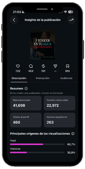 Estadísticas de una publicación de Instagram gestionada por Lucía