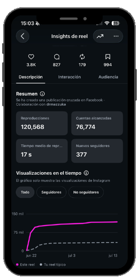 Estadísticas de una publicación de Instagram gestionada por Lucía
